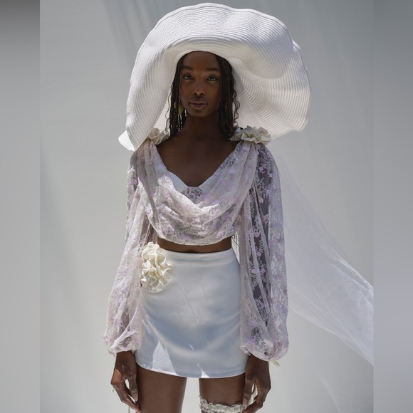 For Love And Lemons Maria White and Pink Lace Top Bustier w Rosette On Shoulders